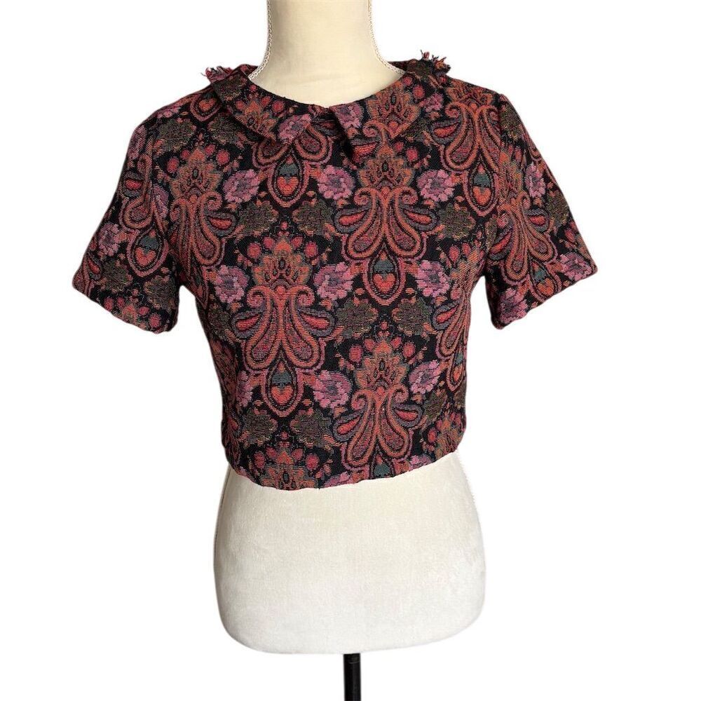 Fashion Union Women's Floral Collared Crop Top Blouse Size 6 Tapestry Retro